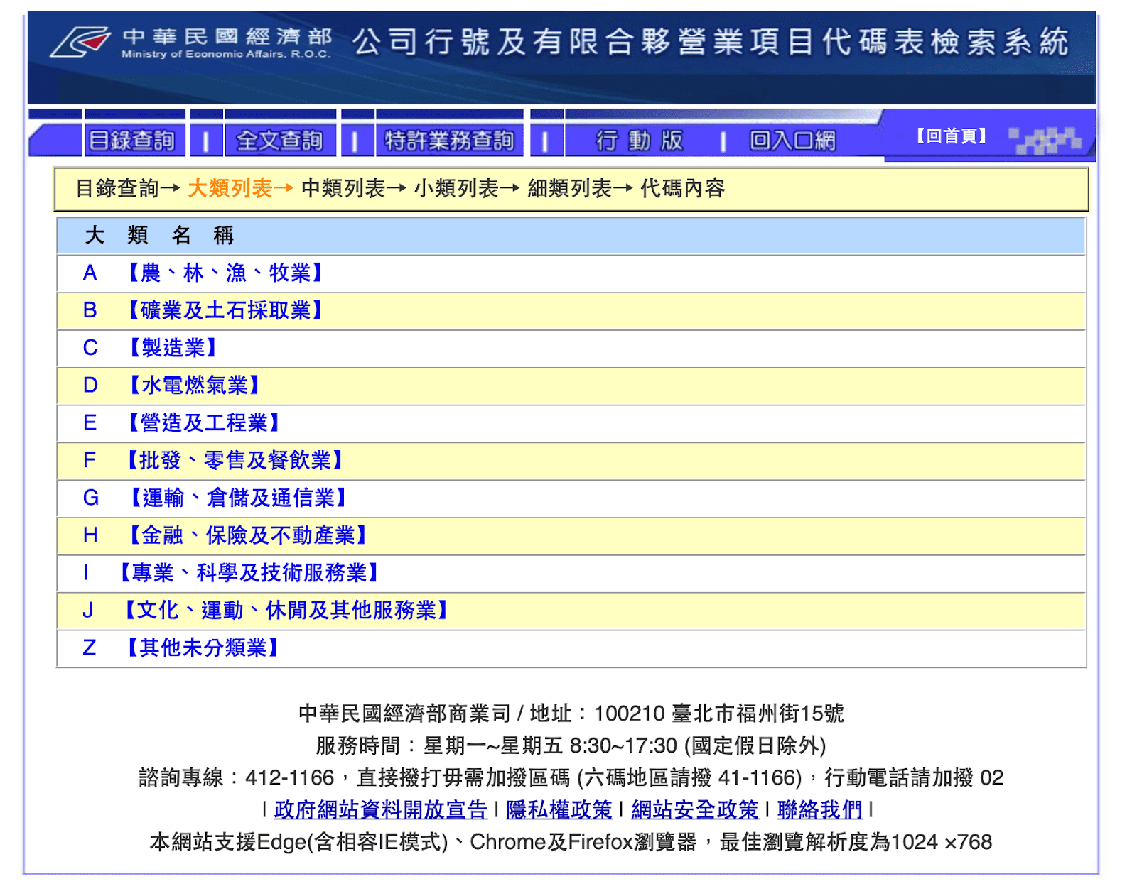 營業項目代碼查詢 圖片來源：公司行號及有限合夥營業項目代碼表檢索系統